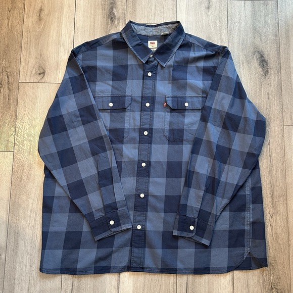 Levi Men's Plaid Button Down Long Sleeve Shirt Blue XXL Blue Navy Plaid - Picture 2 of 10